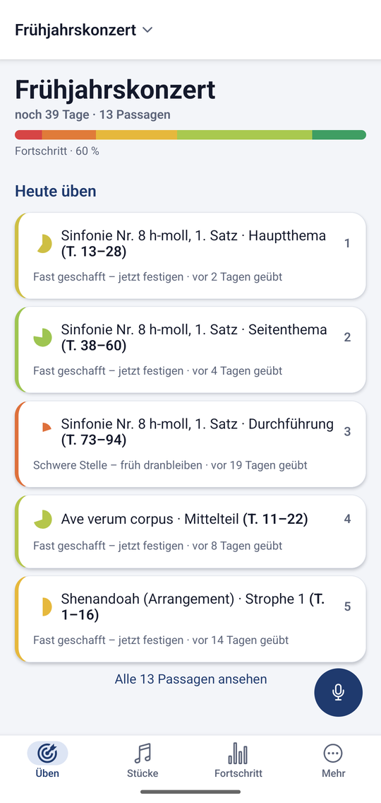 Mapestro schlägt fünf konkrete Übe-Stellen vor