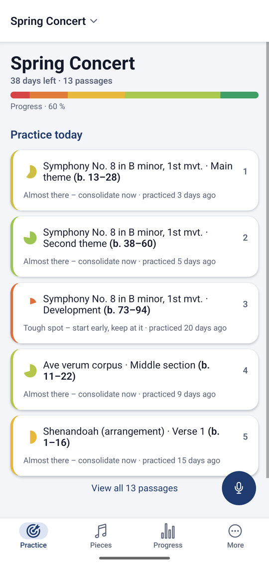 Mapestro suggests five specific passages to practise